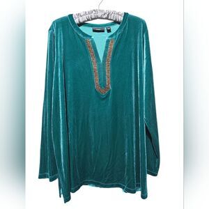 Susan Graver Artisan Teal Velvet Tunic with Embellished Beaded Neckline XL